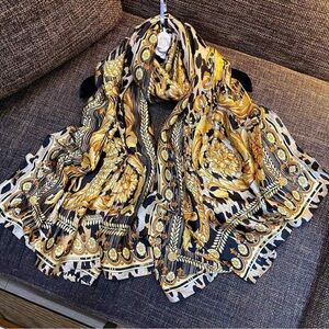 Elegant Gold and Black Satin Silk Scarf